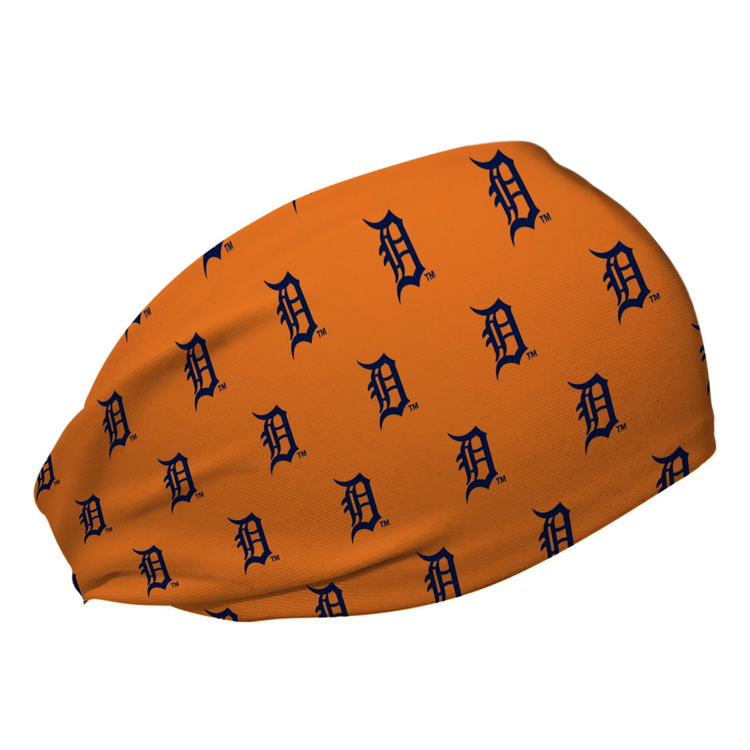 Side view of Detroit Tigers Orange headband with cap logo all over. Made in USA, Vertical Athletics brand.  