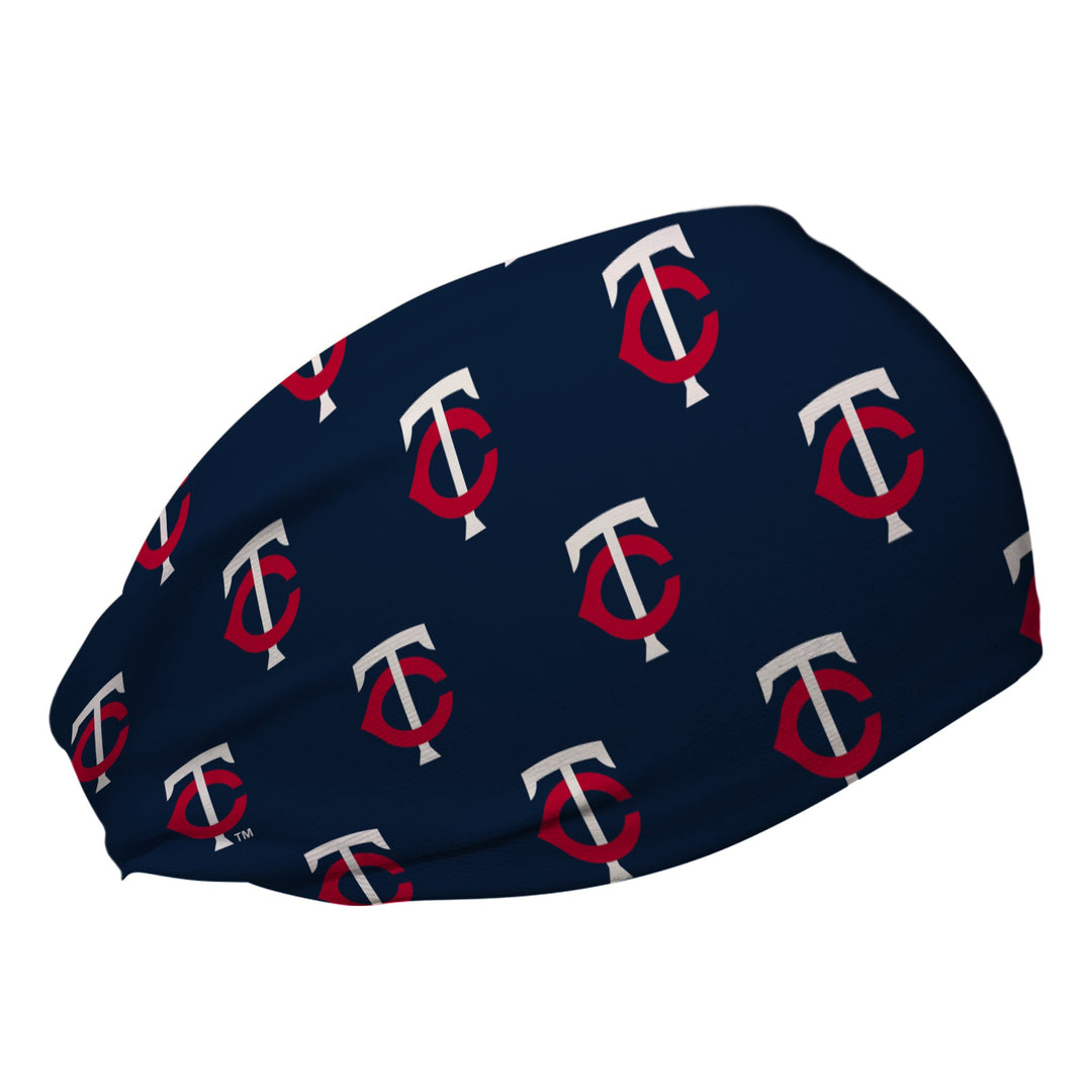 Side view of MLB Minnesota Twins Navy Stretch headband with cap logo repeat. Made in USA, Vertical Athletics brand.  