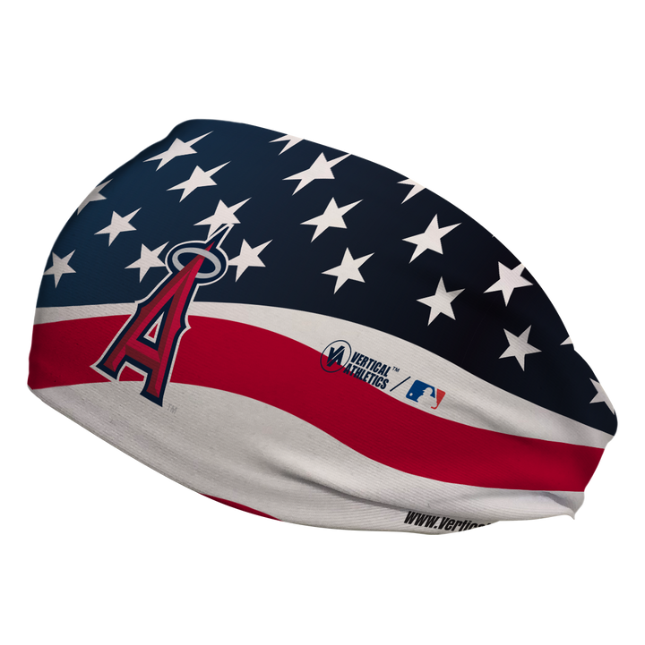 Side view of Los Angeles Angels American Flag headband with Cap Logo. Made in USA, Vertical Athletics brand.  