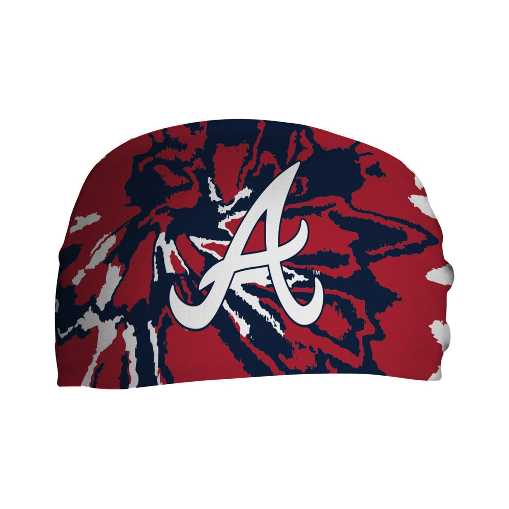 Front view of MLB Atlanta Braves Team Tie-Dye headband with cap logo. Made in USA, Vertical Athletics brand. 