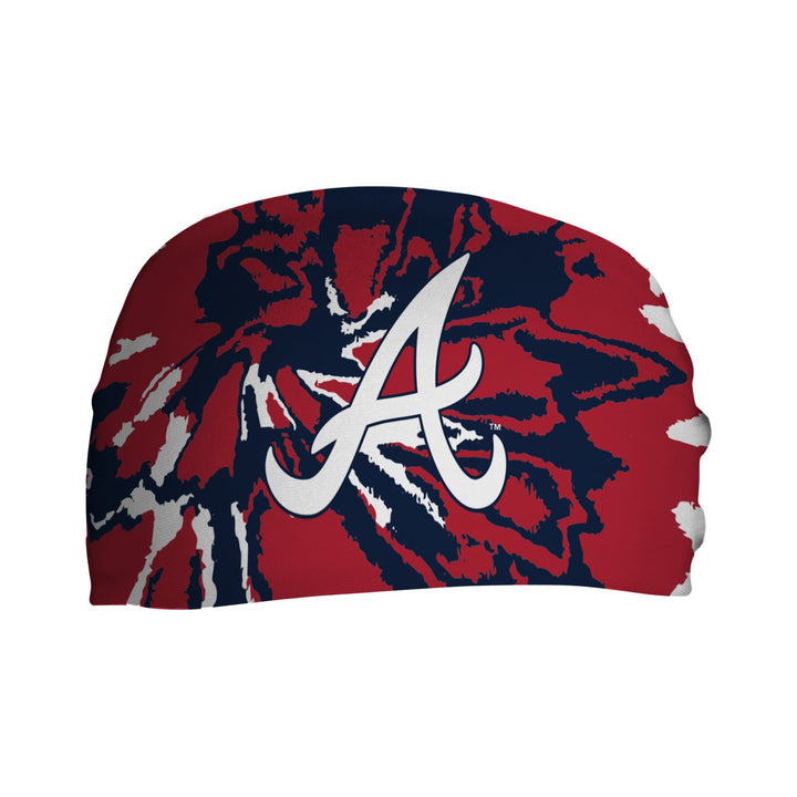 Front view of MLB Atlanta Braves Team Tie-Dye headband with cap logo. Made in USA, Vertical Athletics brand. 
