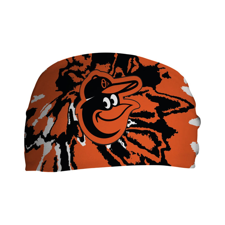 Side view of MLB Baltimore Orioles Team Tie-Dye headband with the birds logo. Made in USA, Vertical Athletics brand. Not a Junk headband.