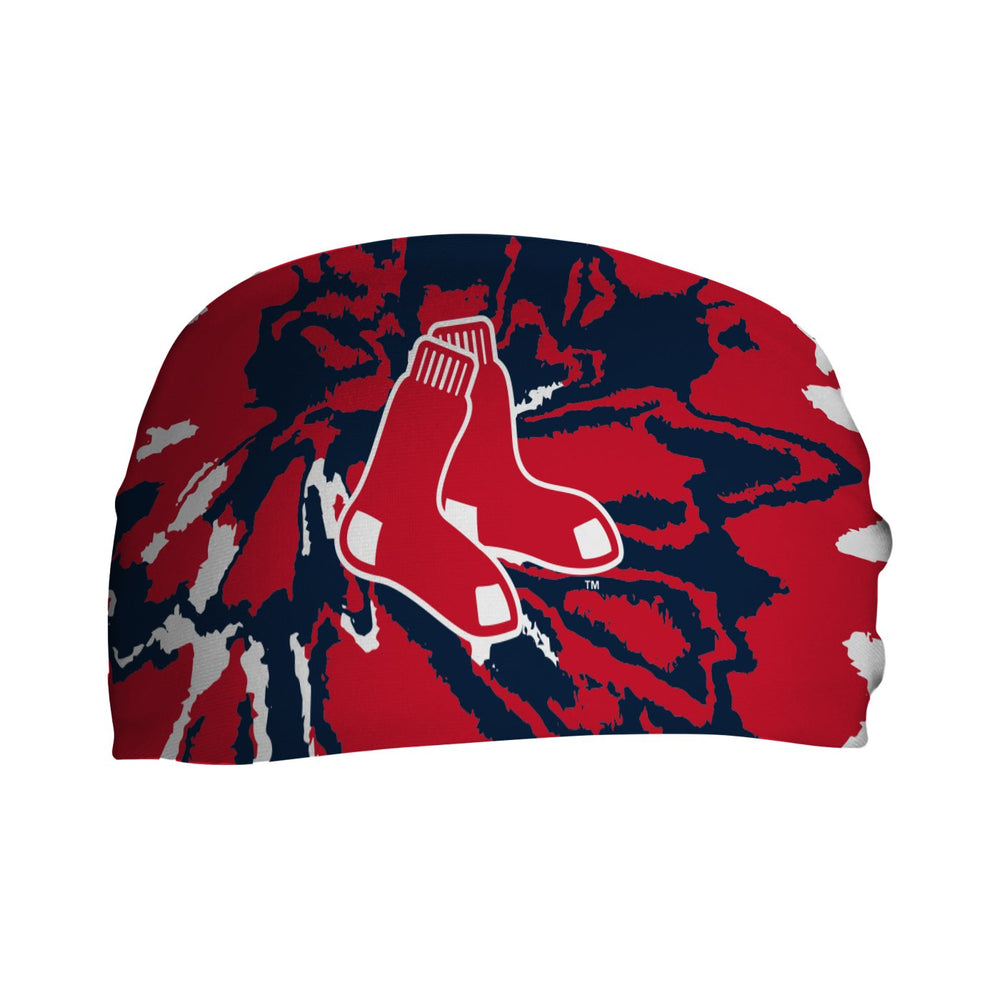 Front view of MLB Boston Red Sox, Team Tie-Dye headband with sock logo. Made in USA, Vertical Athletics brand. 