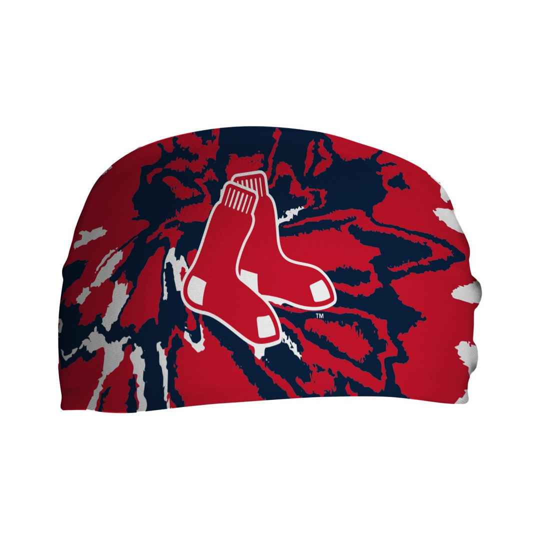 Front view of MLB Boston Red Sox, Team Tie-Dye headband with sock logo. Made in USA, Vertical Athletics brand. 