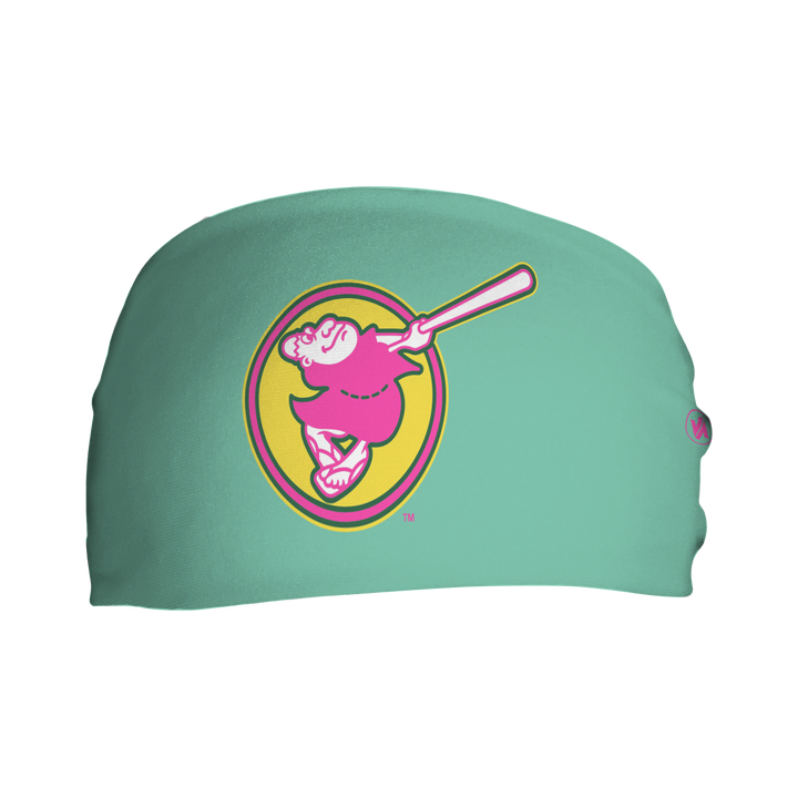 Front view of MLB San Diego Padres mint city connect headband with alt logo. Made in USA, Vertical  Athletics brand.  