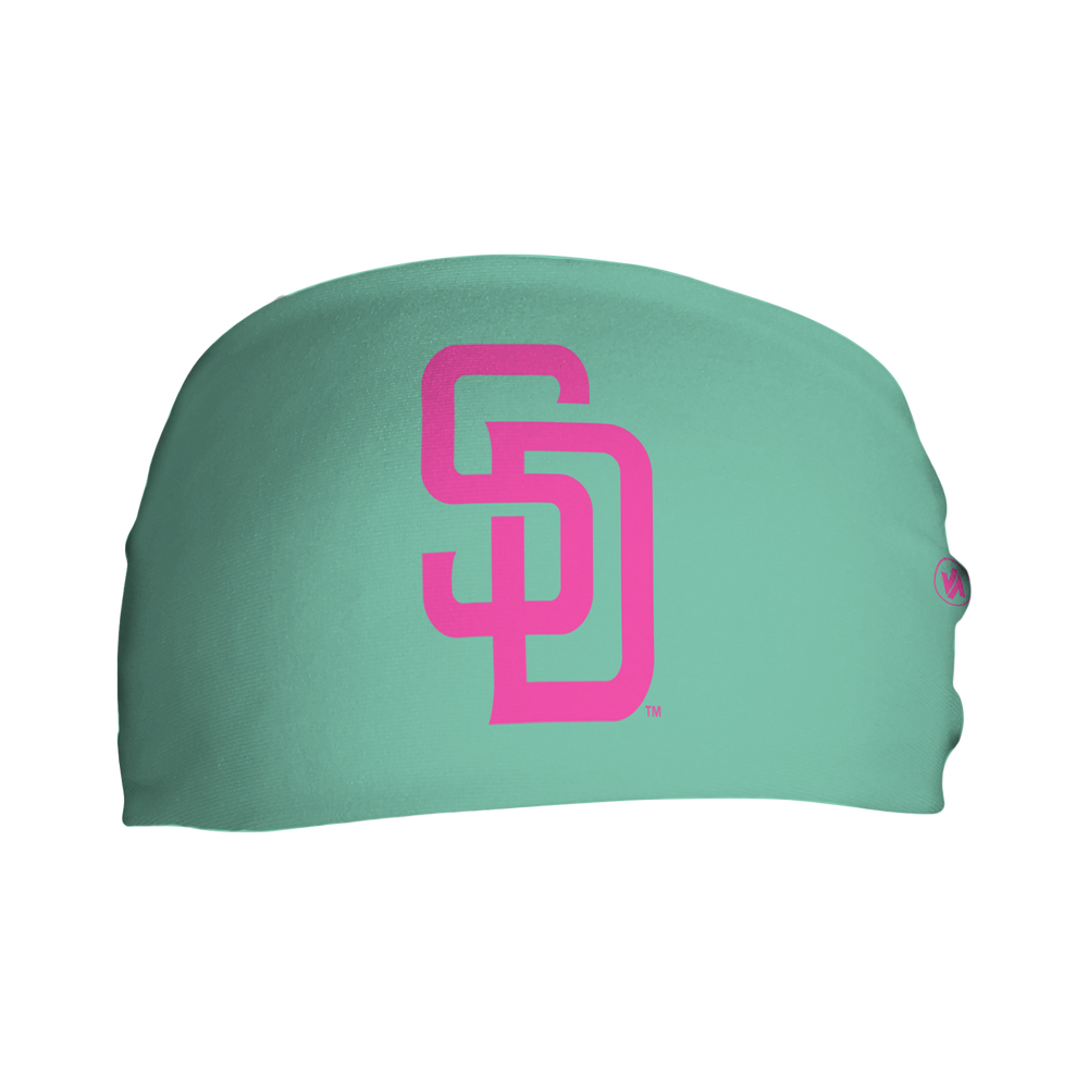Front view of MLB San Diego Padres mint city connect headband with cap logo. Made in USA, Vertical  Athletics brand.  