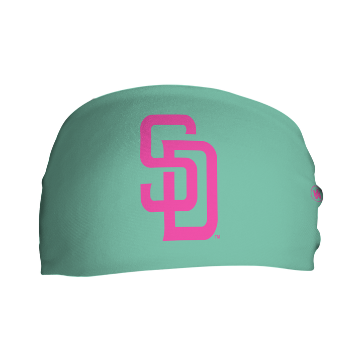 Front view of MLB San Diego Padres mint city connect headband with cap logo. Made in USA, Vertical  Athletics brand.  