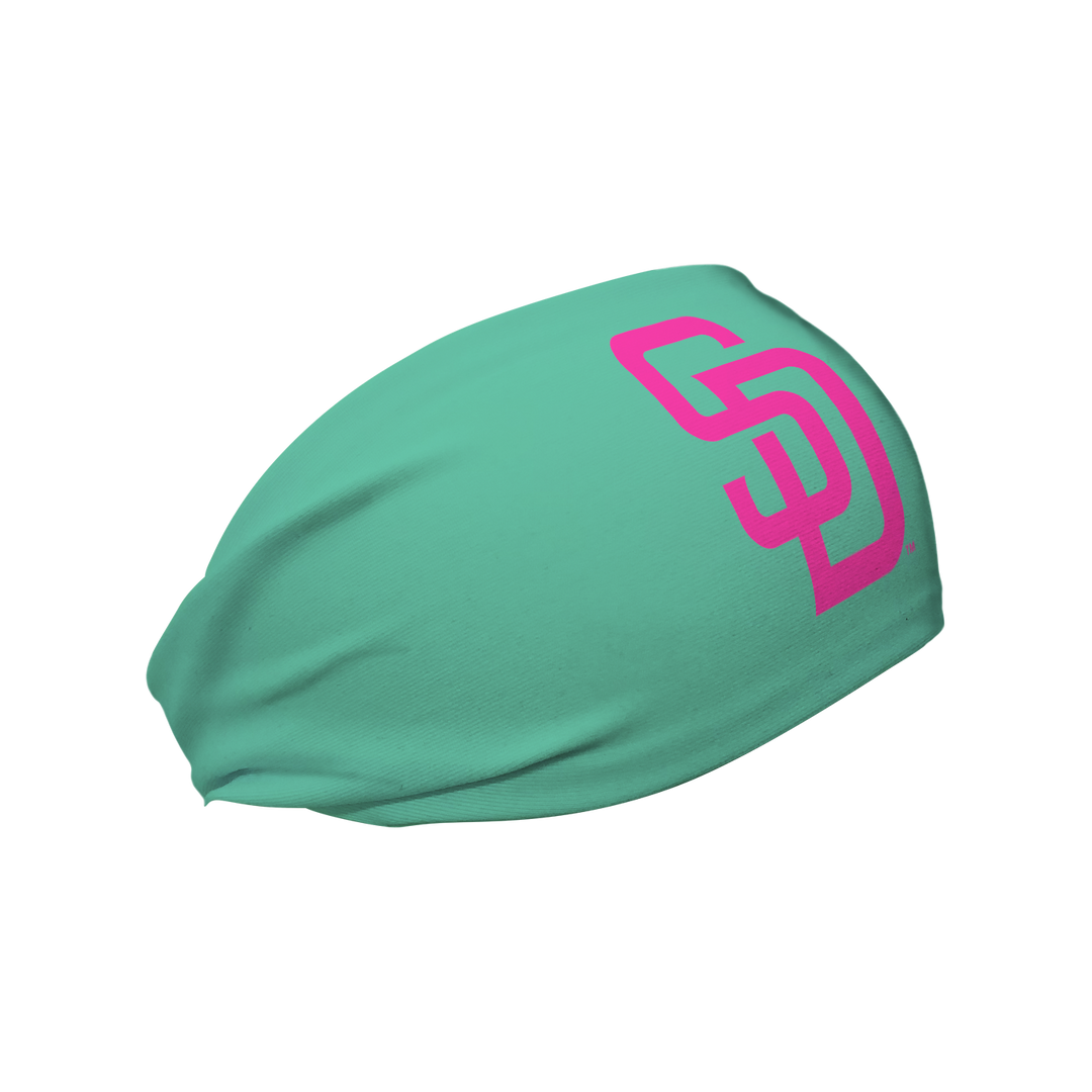 Side view of MLB San Diego Padres mint city connect headband with cap logo. Made in USA, Vertical  Athletics brand.  