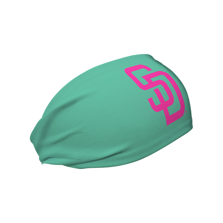 Side view of MLB San Diego Padres mint city connect headband with cap logo. Made in USA, Vertical  Athletics brand.  