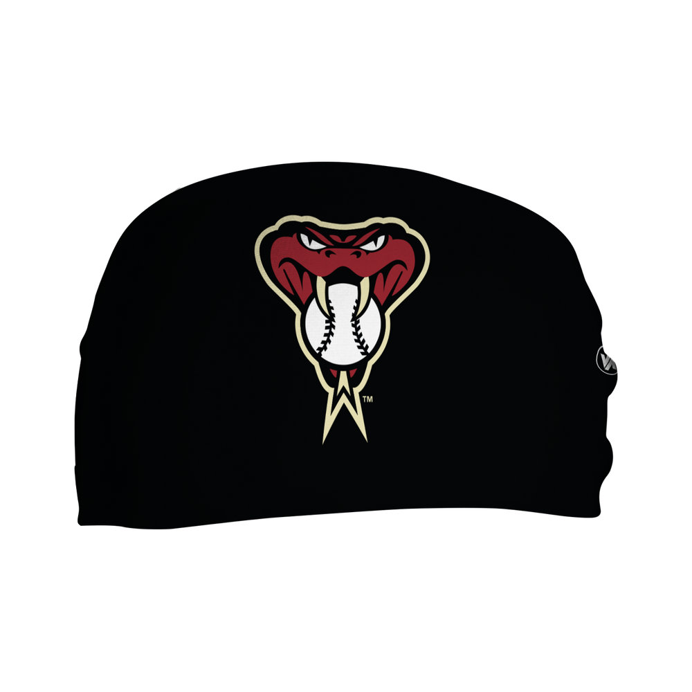 Front view of MLB Arizona Diamondbacks Black  headband with Snake Head cap logo. Made in USA, Vertical Athletics brand. 