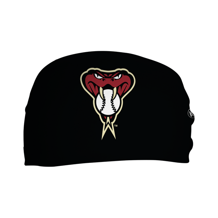 Front view of MLB Arizona Diamondbacks Black  headband with Snake Head cap logo. Made in USA, Vertical Athletics brand. 