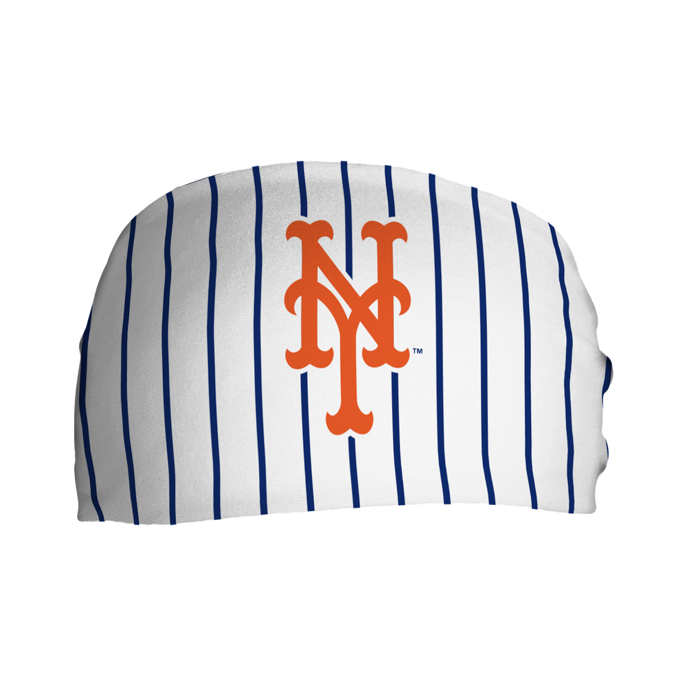 Front view of MLB New York Mets pinstripe headband with cap logo. Made in USA, Vertical  Athletics brand.   