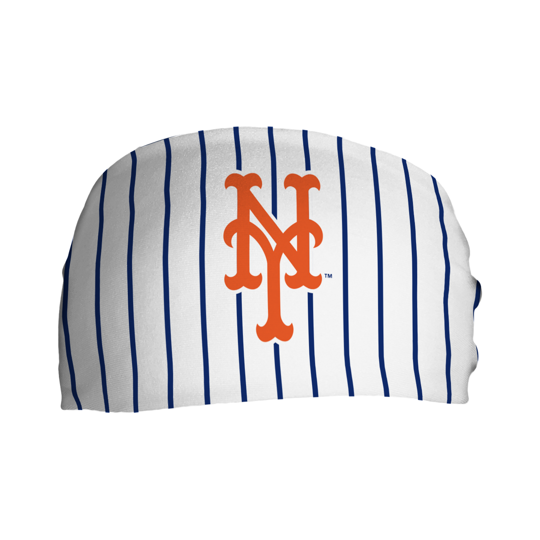 Front view of MLB New York Mets pinstripe headband with cap logo. Made in USA, Vertical  Athletics brand.   