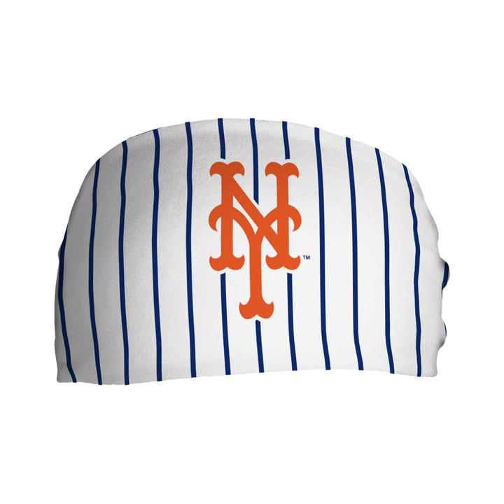 Front view of MLB New York Mets pinstripe headband with cap logo. Made in USA, Vertical  Athletics brand.   