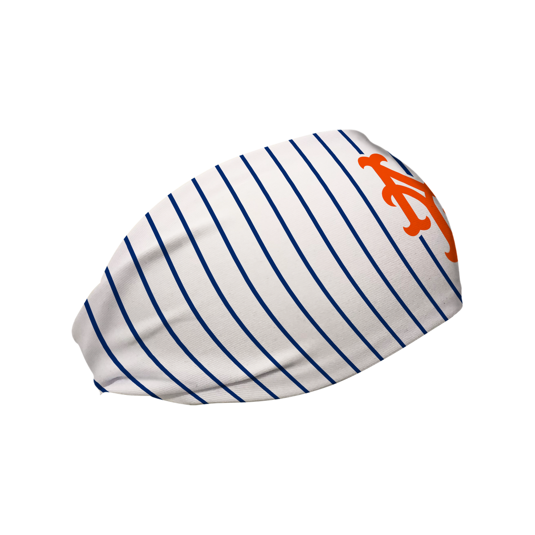 Side view of MLB New York Mets pinstripe headband with cap logo. Made in USA, Vertical  Athletics brand.   