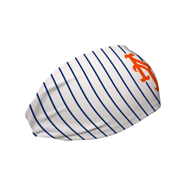Side view of MLB New York Mets pinstripe headband with cap logo. Made in USA, Vertical  Athletics brand.   