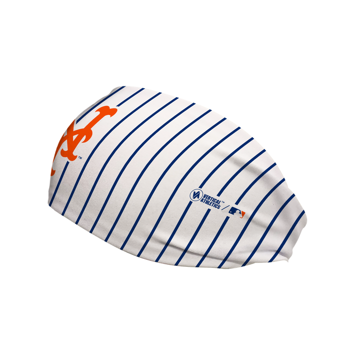 Side view of MLB New York Mets pinstripe headband with cap logo. Made in USA, Vertical  Athletics brand. 