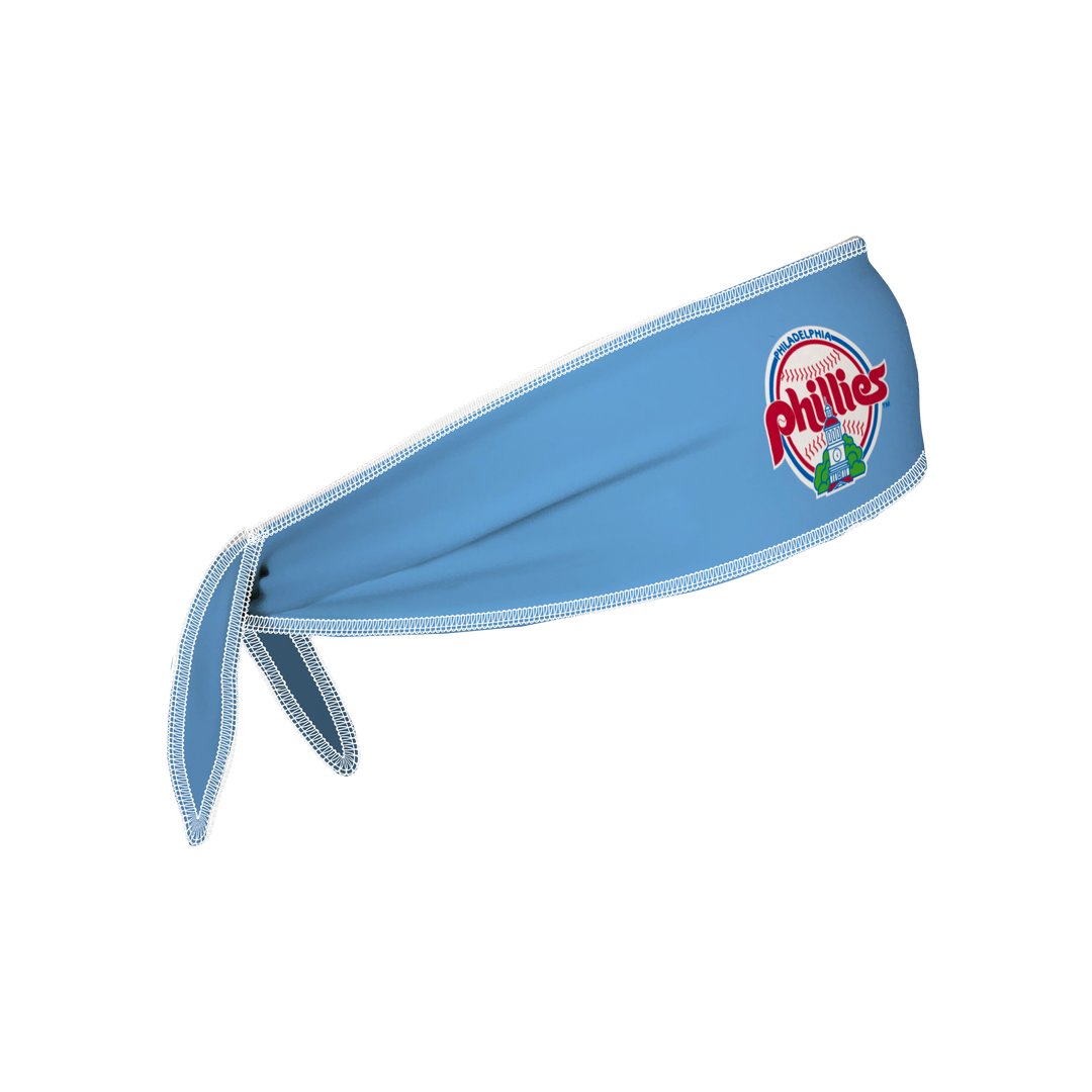 Side view of Philadelphia Philies light blue Tie-Back Cooling Headband with  Coop Logo . Made in USA, Vertical  Athletics brand.   