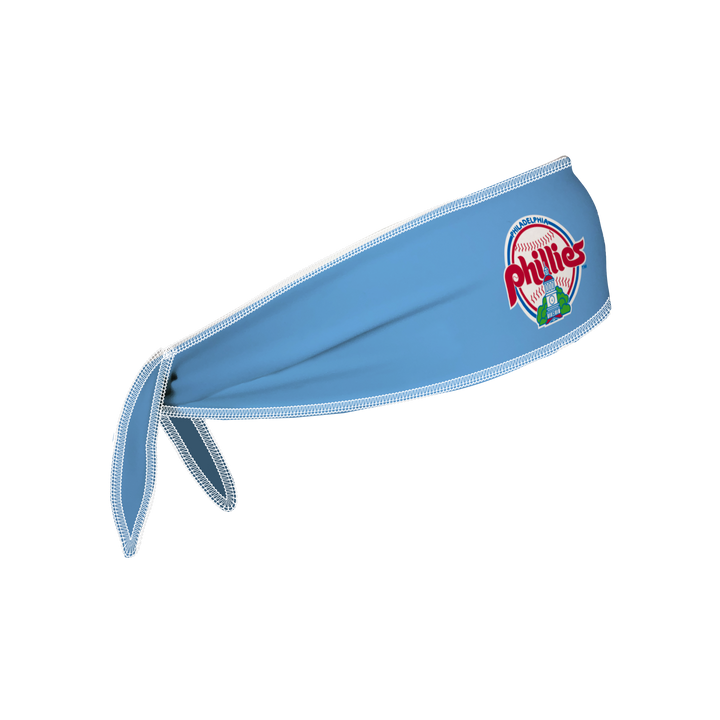 Side view of Philadelphia Philies light blue Tie-Back Cooling Headband with  Coop Logo . Made in USA, Vertical  Athletics brand.   