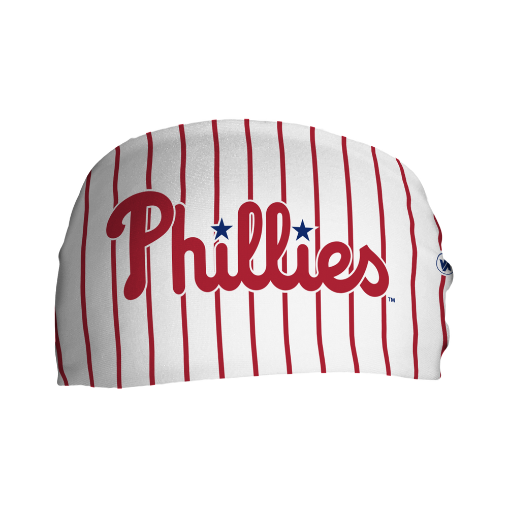 Front view of Philadelphia Phillies pinstripe headband with wordmark logo. Made in USA, Vertical  Athletics brand.  