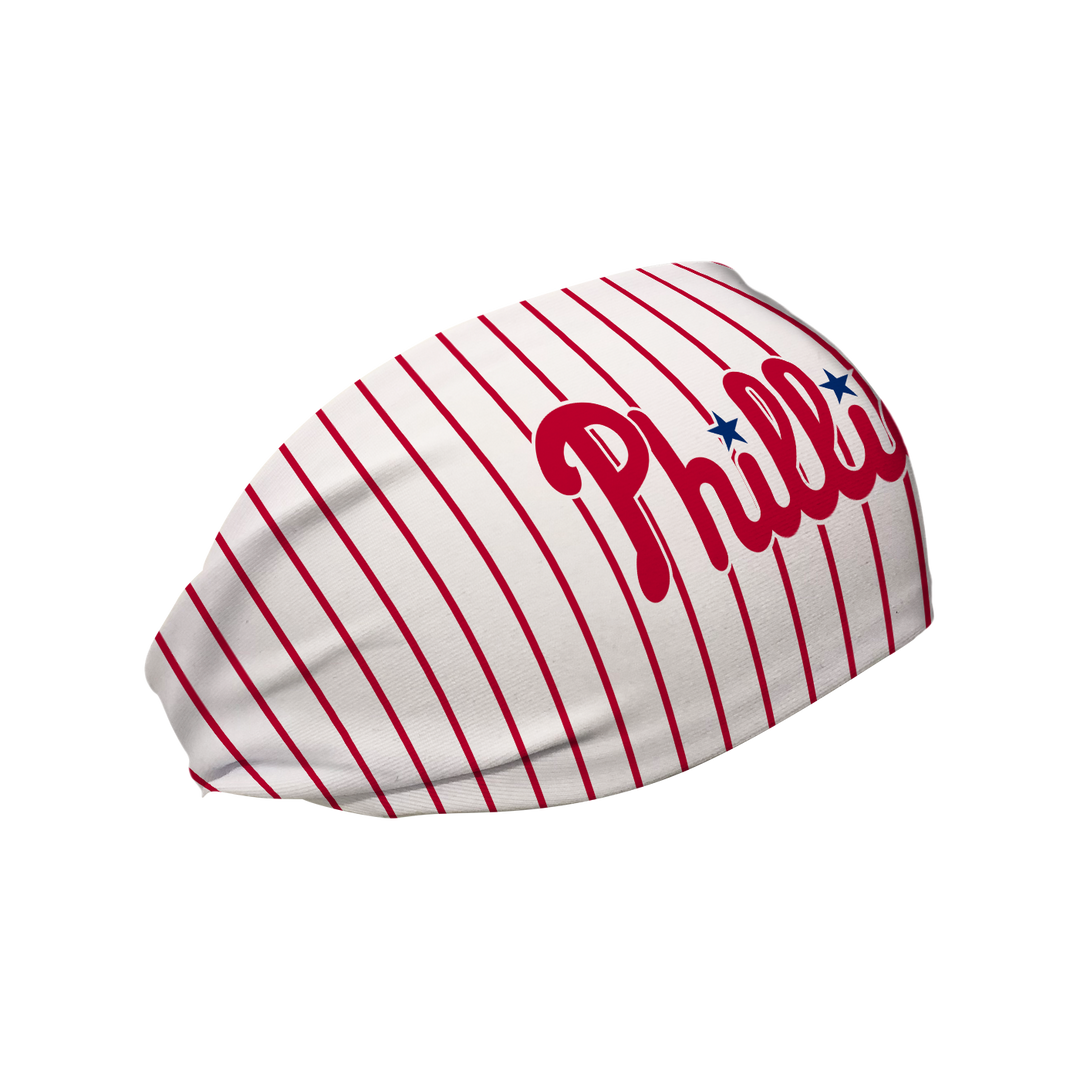 Side view of Philadelphia Phillies pinstripe headband with wordmark logo. Made in USA, Vertical  Athletics brand. 