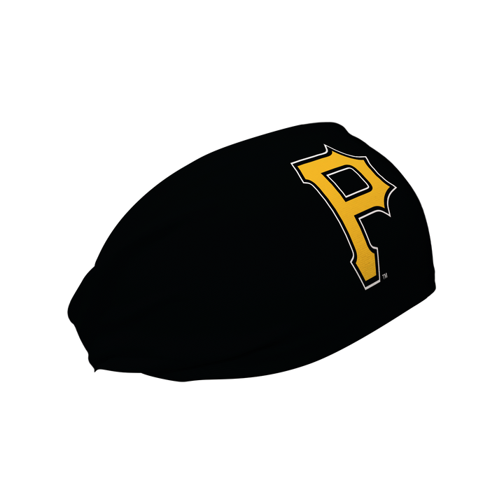 MLB Pittsburgh Pirates black headband with cap logo. Made in USA, Vertical Athletics brand. 