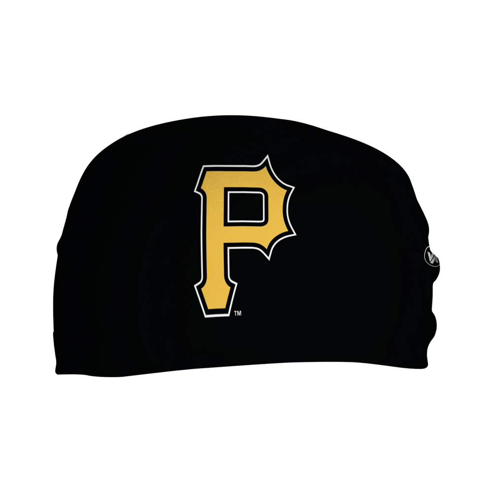 MLB Pittsburgh Pirates black headband with cap logo. Made in USA, Vertical Athletics brand. 