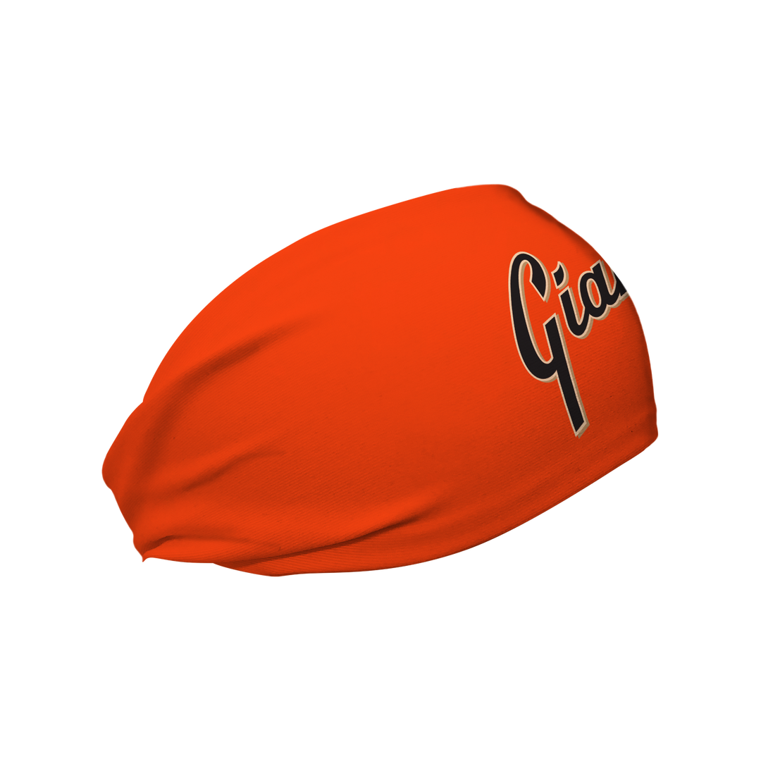 Side view of MLB San Francisco Giants  orange headband with alt cap logo. Made in USA, Vertical  Athletics brand.  