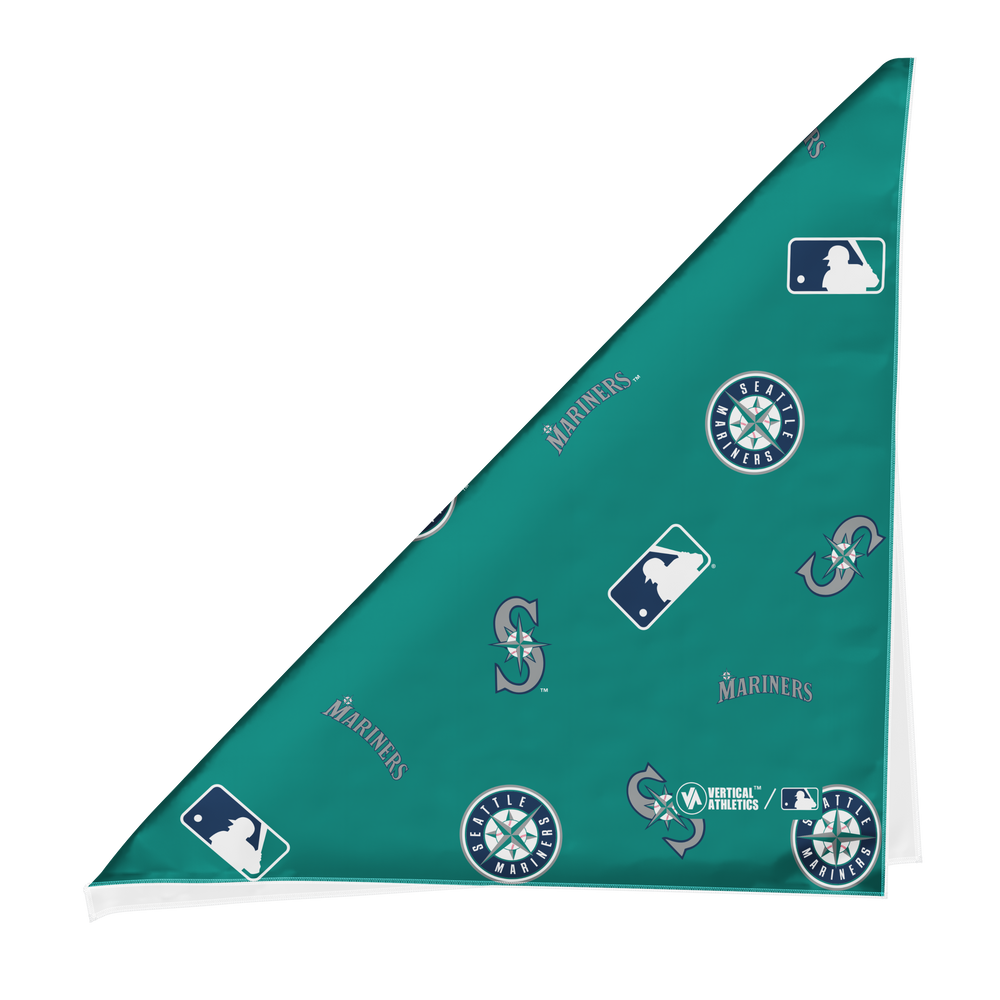 Folded view of MLB Seattle Mariners teal bandana with logos all over. Made in USA, Vertical  Athletics brand.   