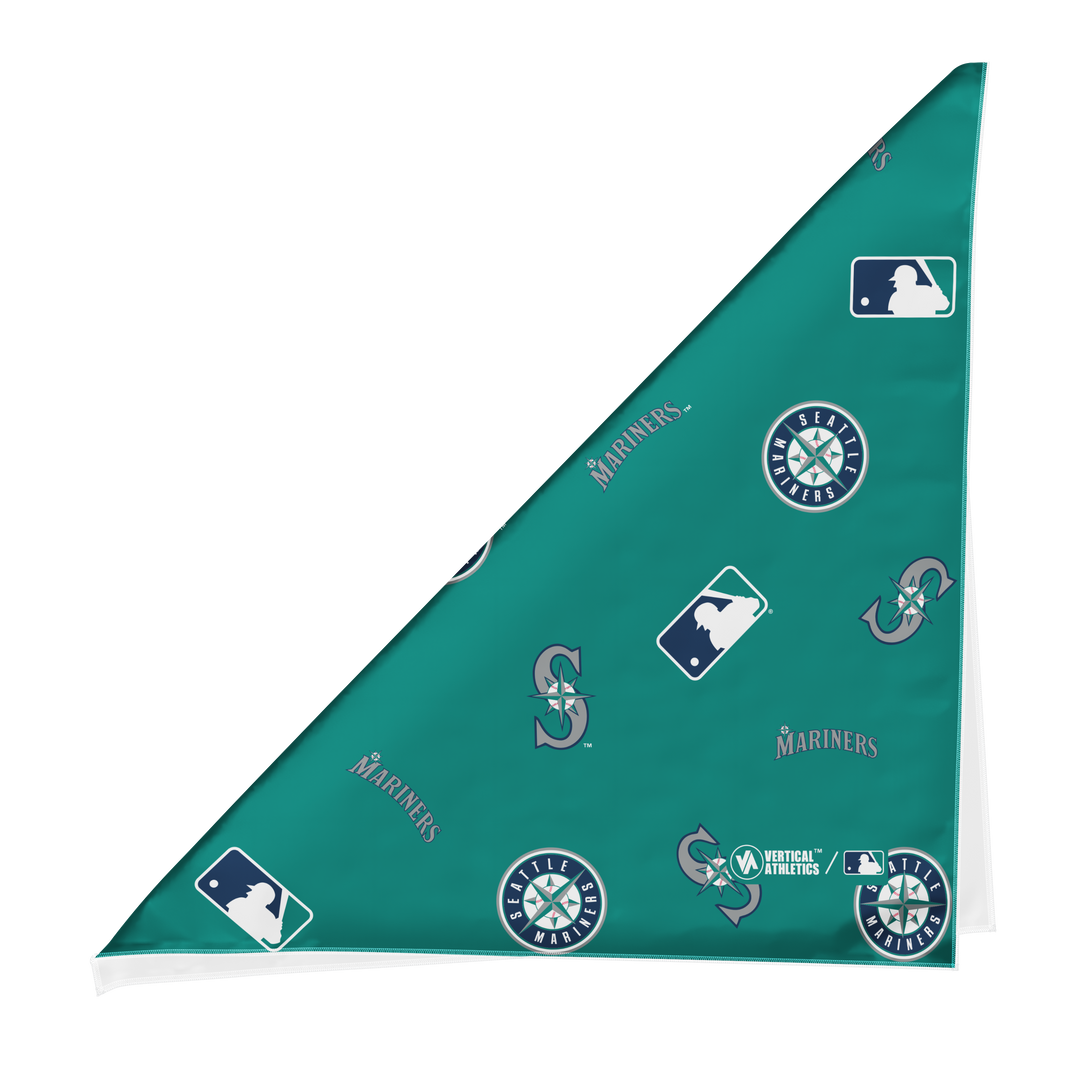 Folded view of MLB Seattle Mariners teal bandana with logos all over. Made in USA, Vertical  Athletics brand.   