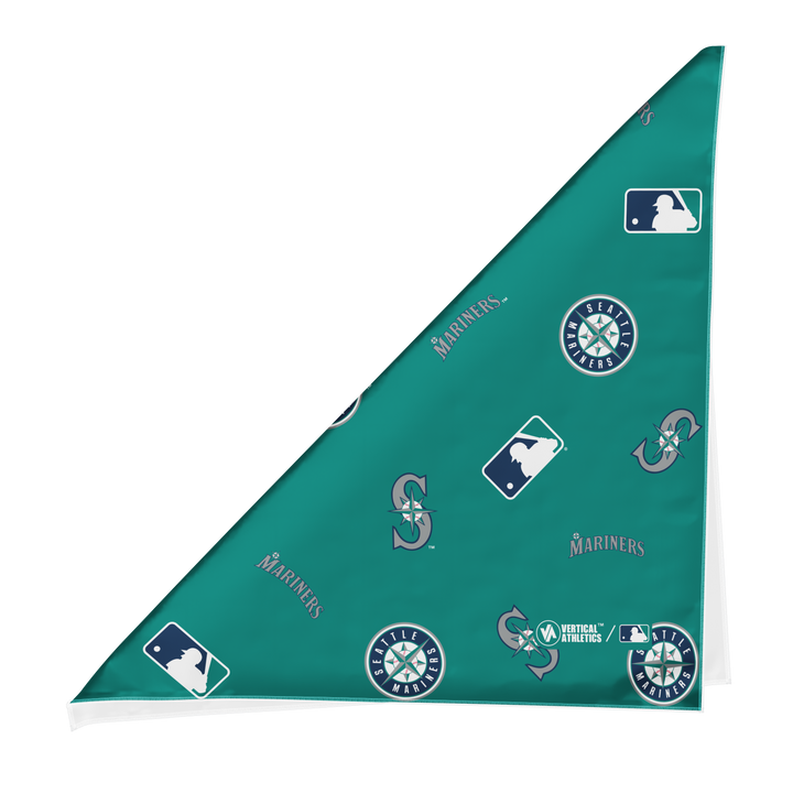 Folded view of MLB Seattle Mariners teal bandana with logos all over. Made in USA, Vertical  Athletics brand.   