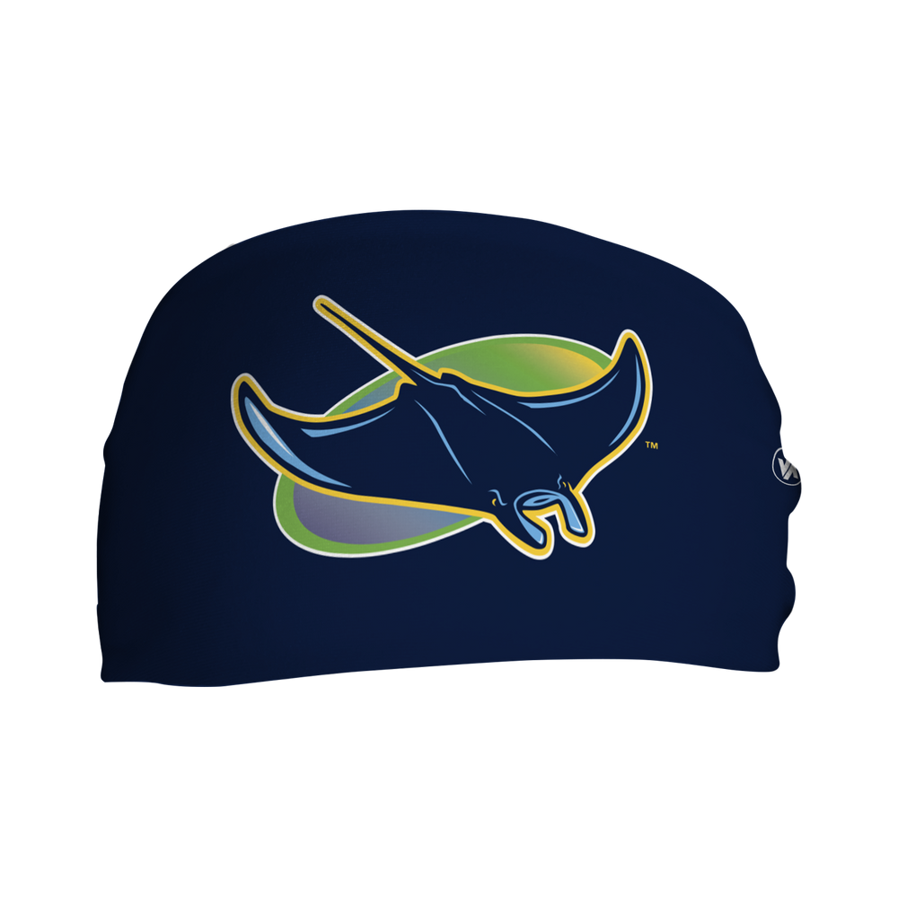 Front  view of MLB Tampa Bay Rays  navy  headband with alt logo. Made in USA, Vertical  Athletics brand.  
