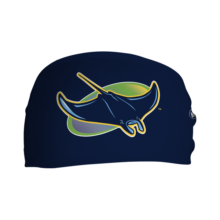 Front  view of MLB Tampa Bay Rays  navy  headband with alt logo. Made in USA, Vertical  Athletics brand.  