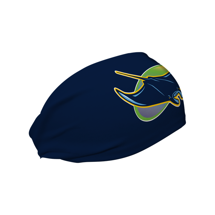 Side view of MLB Tampa Bay Rays  navy  headband with alt logo. Made in USA, Vertical  Athletics brand.   