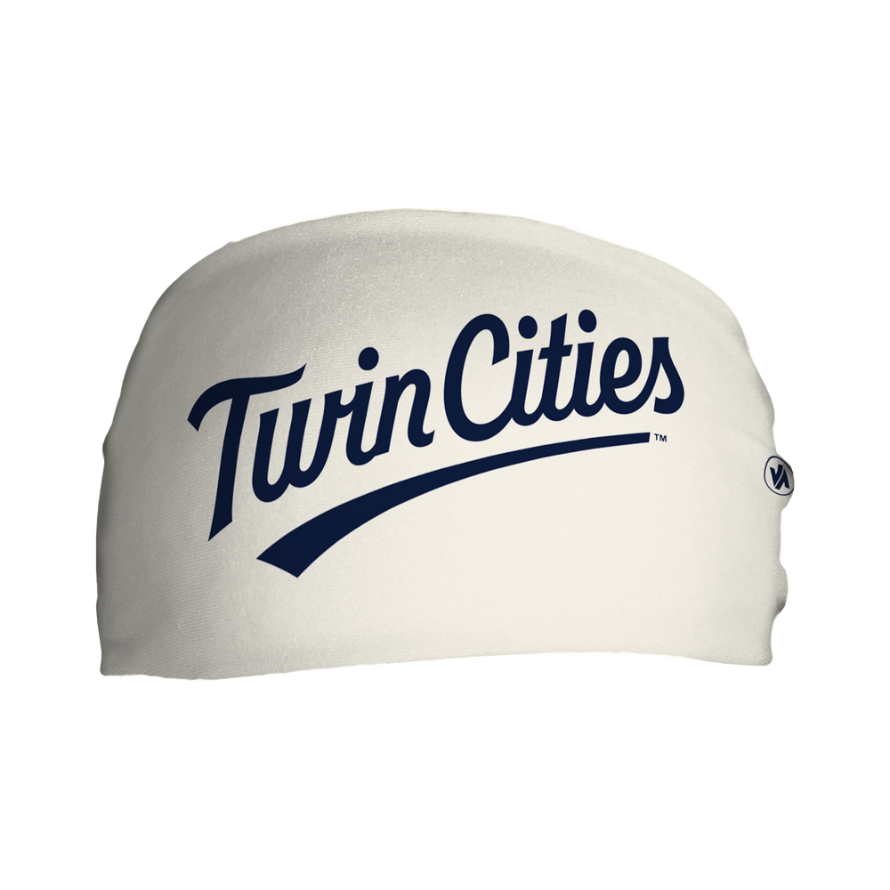 Front view of Minnesota Twins cream headband with alt wordmark logo. Made in USA, Vertical  Athletics brand.   