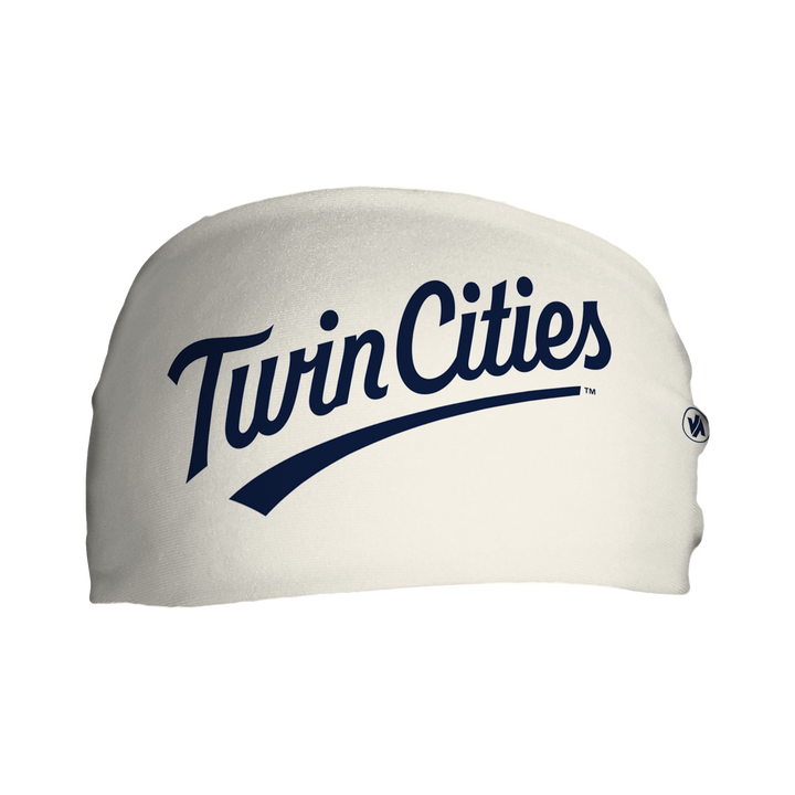 Front view of Minnesota Twins cream headband with alt wordmark logo. Made in USA, Vertical  Athletics brand.   