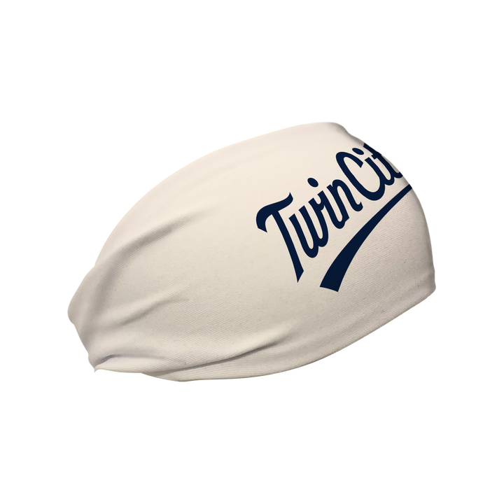 Side view of Minnesota Twins cream headband with alt wordmark logo. Made in USA, Vertical  Athletics brand.   