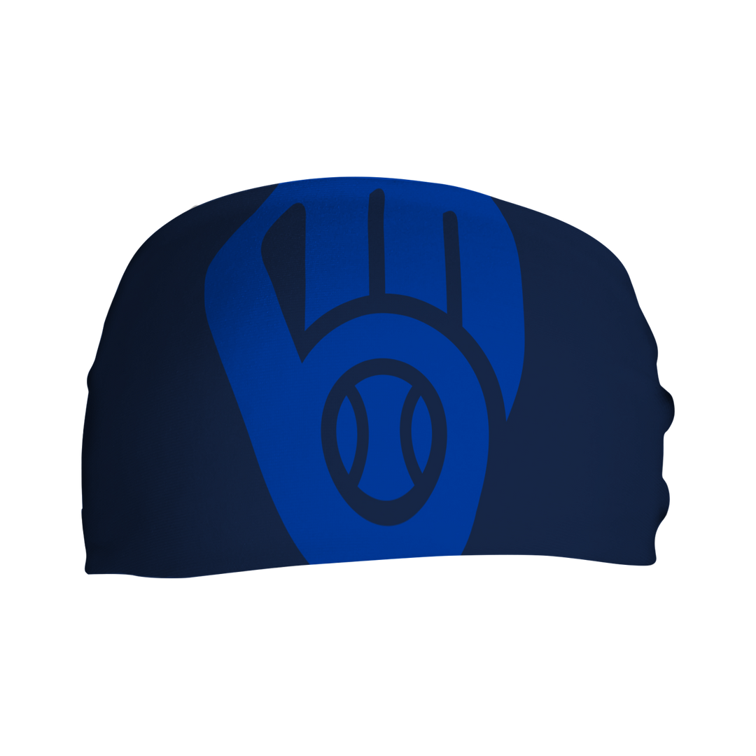Front view of MLB Brewers navy headband with subtle logo. Made in USA, Vertical  Athletics brand. 