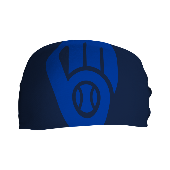 Front view of MLB Brewers navy headband with subtle logo. Made in USA, Vertical  Athletics brand. 