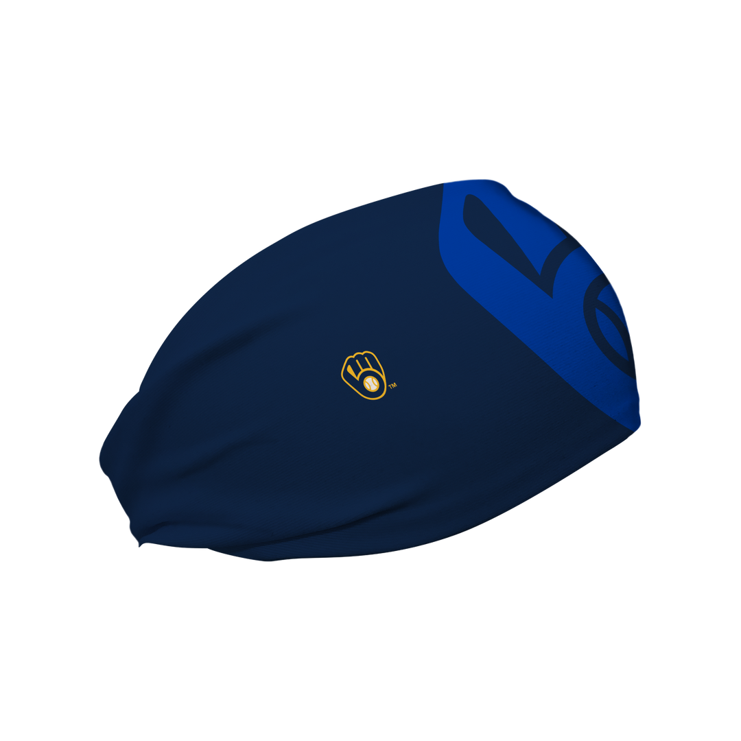 Side view of MLB  Brewers navy headband with subtle logo. Made in USA, Vertical  Athletics brand. 