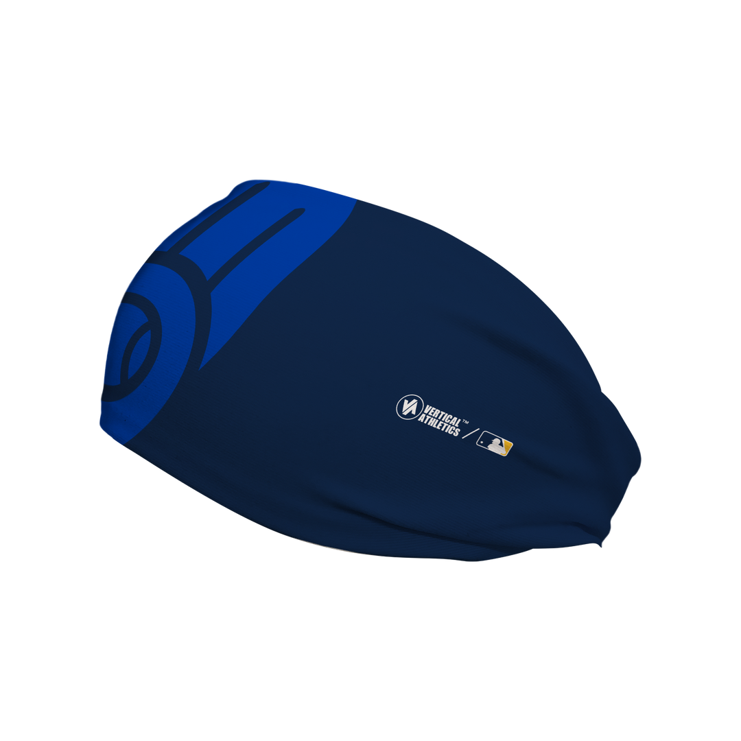 Side view of MLB Brewers navy headband with subtle logo. Made in USA, Vertical  Athletics brand. 