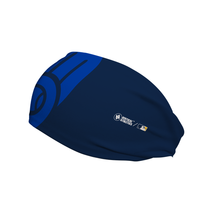 Side view of MLB Brewers navy headband with subtle logo. Made in USA, Vertical  Athletics brand. 