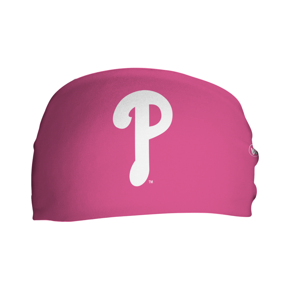 Front view of MLB Philadelphia Phillies Pink headband with Cap Logo. Made in USA, Vertical Athletics brand.  