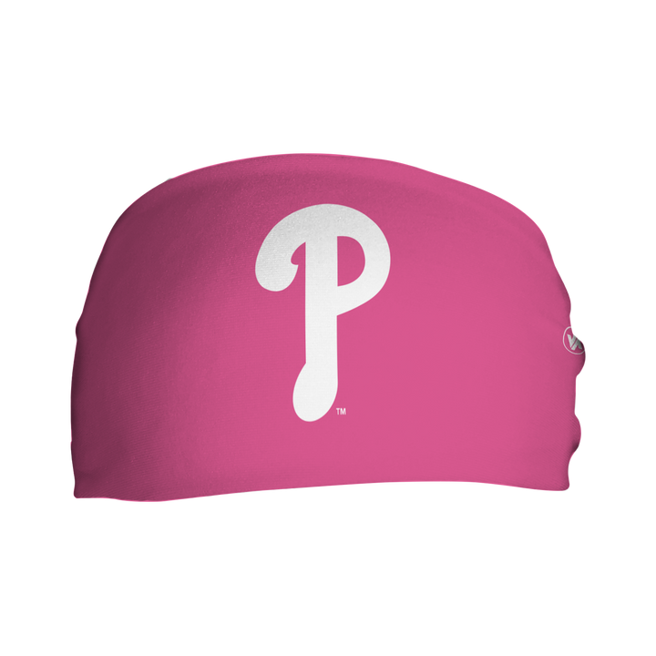 Front view of MLB Philadelphia Phillies Pink headband with Cap Logo. Made in USA, Vertical Athletics brand.  