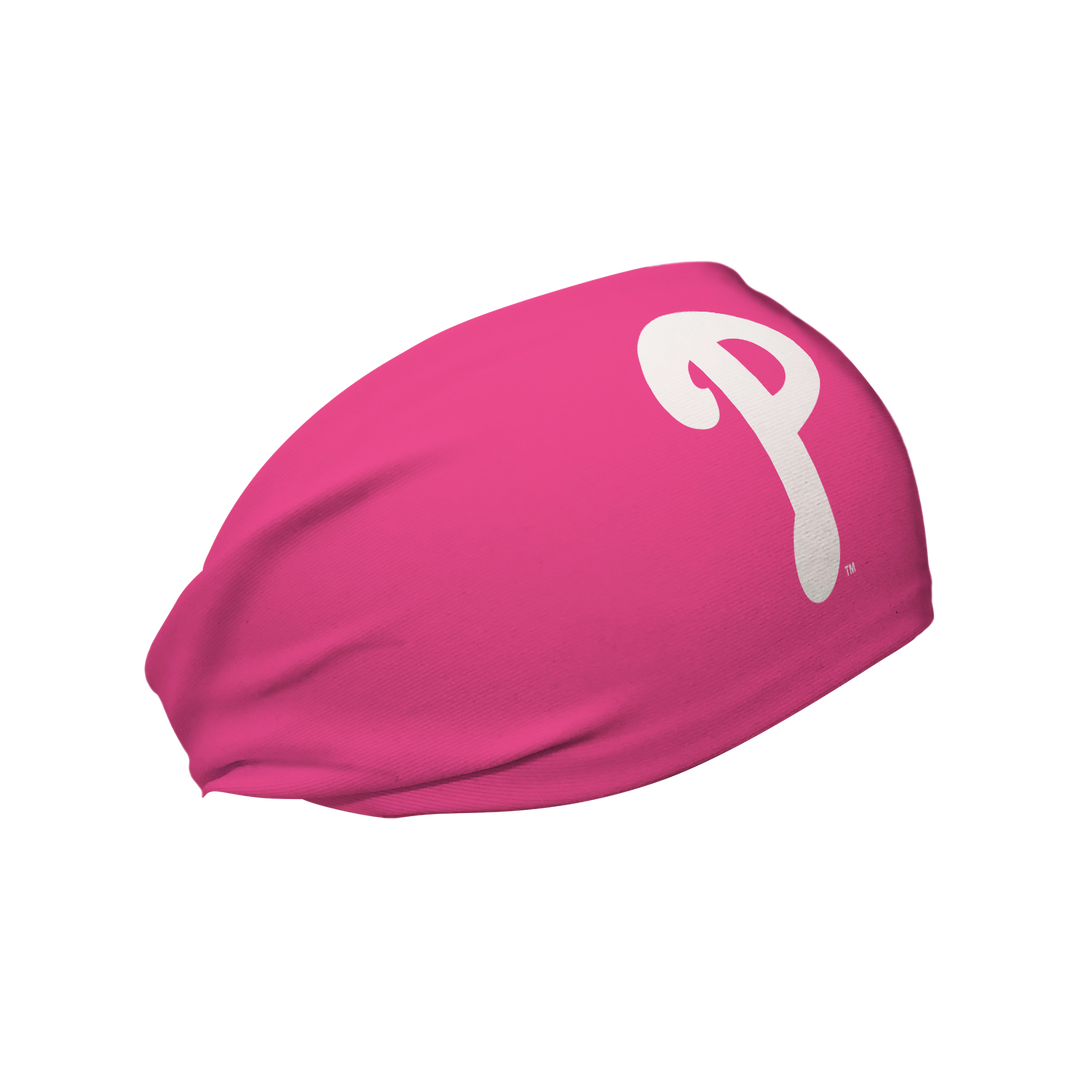 Side view of MLB Philadelphia Phillies Pink headband with Cap Logo. Made in USA, Vertical Athletics brand.  