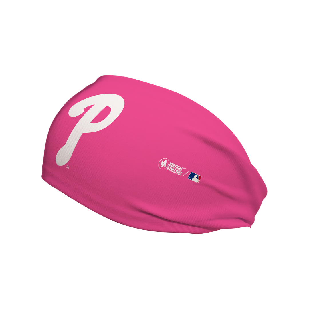 Side view of MLB Philadelphia Phillies Pink headband with Cap Logo. Made in USA, Vertical Athletics brand.  