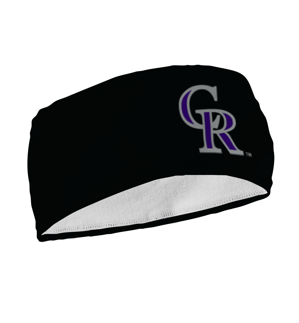 Side view of Colorado Rockies black fleece headband with cap logo. Made in USA, Vertical  Athletics brand.  