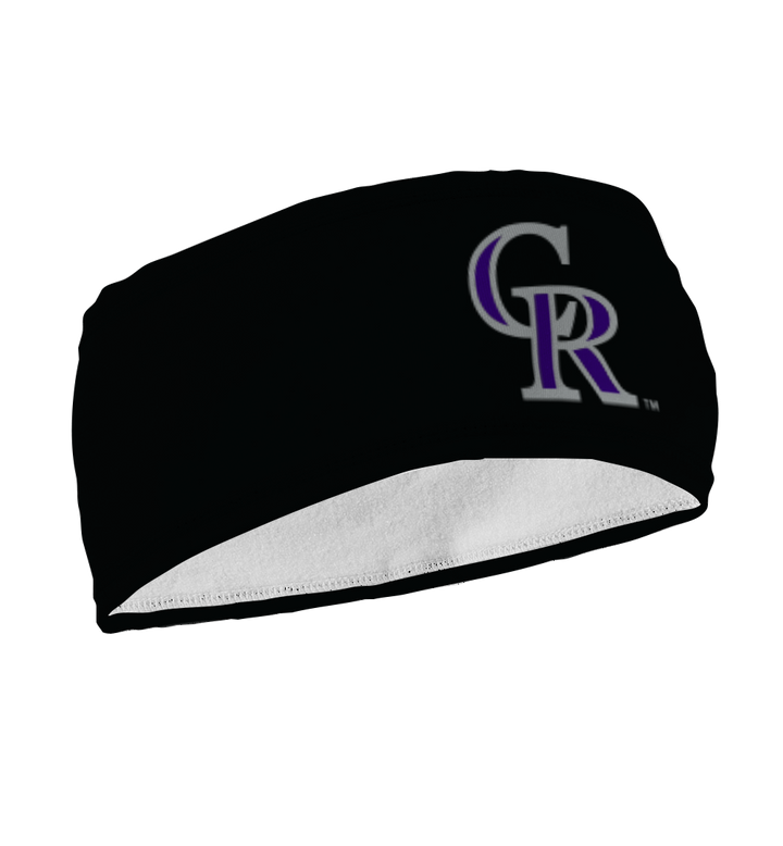 Side view of Colorado Rockies black fleece headband with cap logo. Made in USA, Vertical  Athletics brand.  