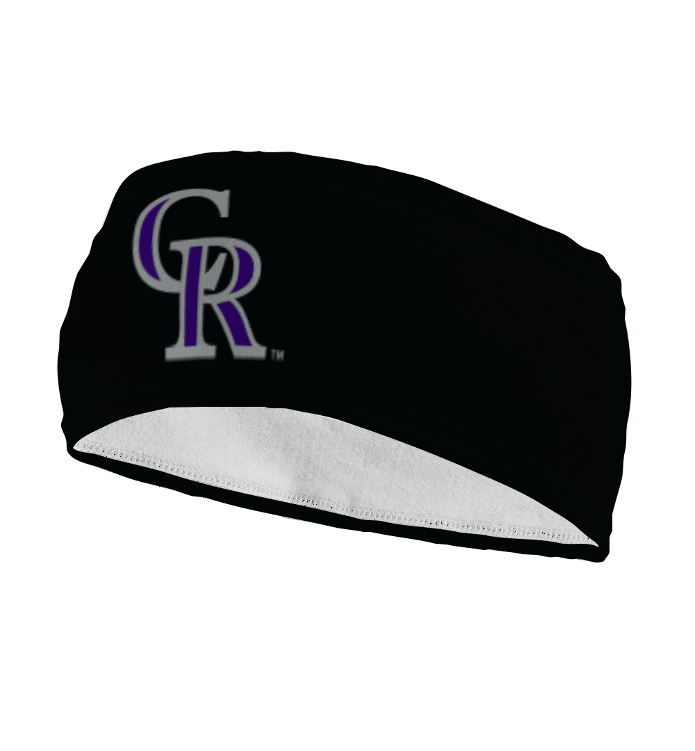 Side view of Colorado Rockies black fleece headband with cap logo. Made in USA, Vertical  Athletics brand.   