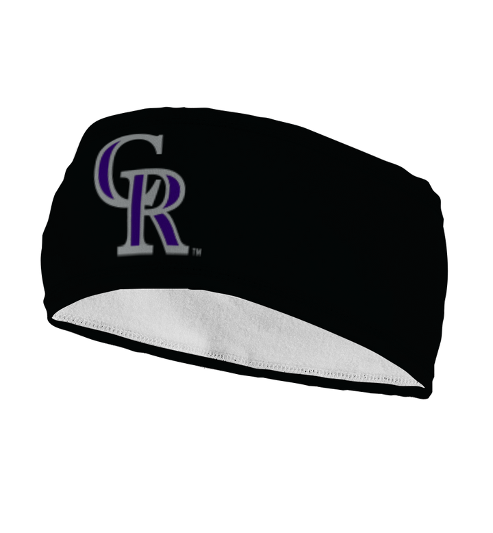 Side view of Colorado Rockies black fleece headband with cap logo. Made in USA, Vertical  Athletics brand.   